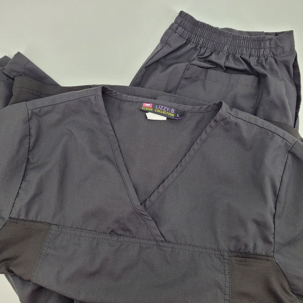 Lizzy-B Scrub Collection Womens L Black V-Neck Top and Pants Set Medical Uniform